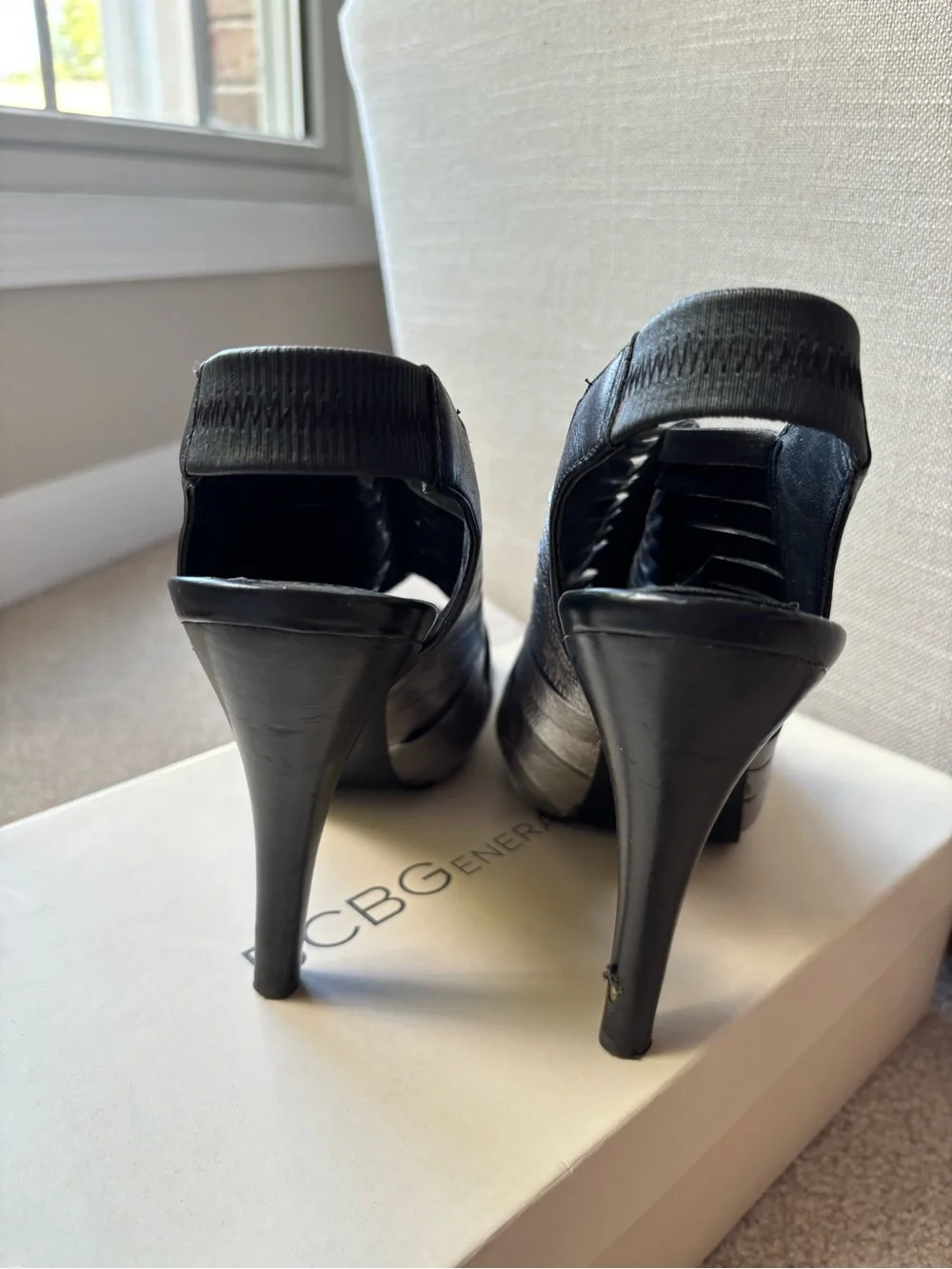 BCBG Women's Metallic Black Strappy High-Heel Sandals